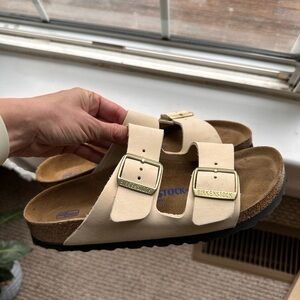 Birkenstock Cream Sandals with Gold Buckles